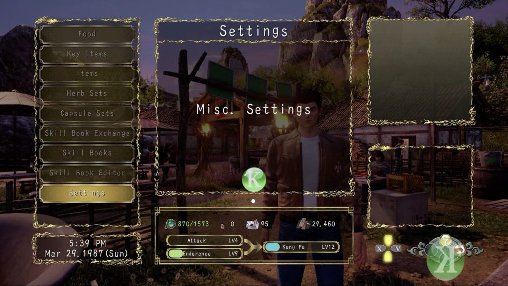Settings in Shenmue 3